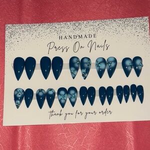 Blue Press On Nails with Floral Design